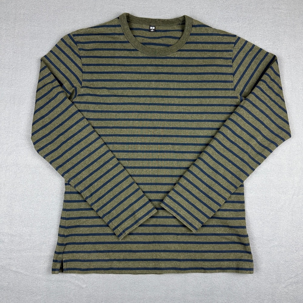 Uniqlo Mens Striped Long Sleeve T-Shirt Olive Green Navy Blue Cotton Crew Neck M